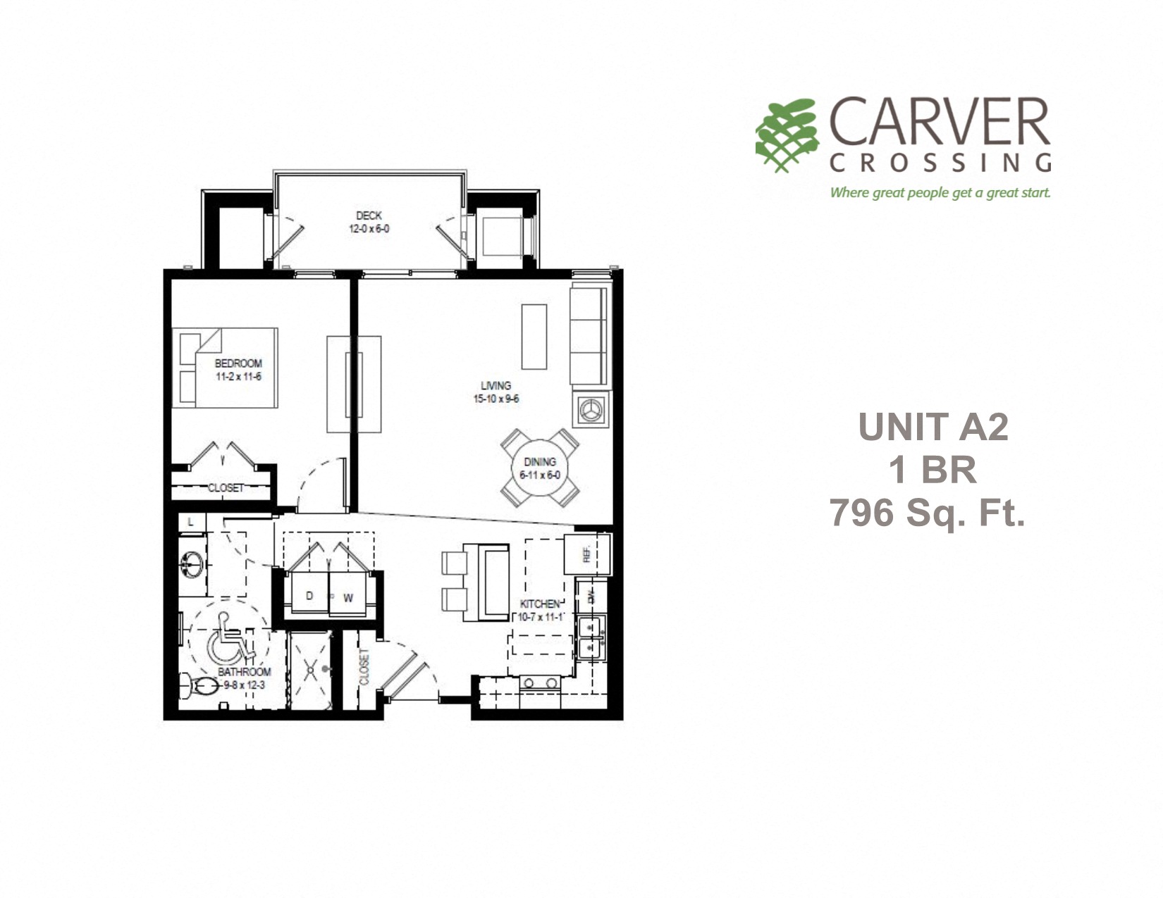 Floor plan for 1 bed, 1 bath, 796 sqft